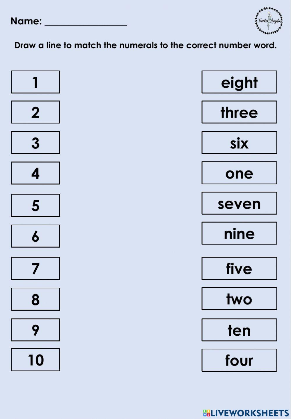 Matching Number Names And Numerals 1 10 Worksheet Live Worksheets